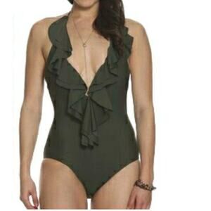 Sun & Sea Olive Green Halter  Deep V Ruffle Swimsuit  Size 4/6 NWT